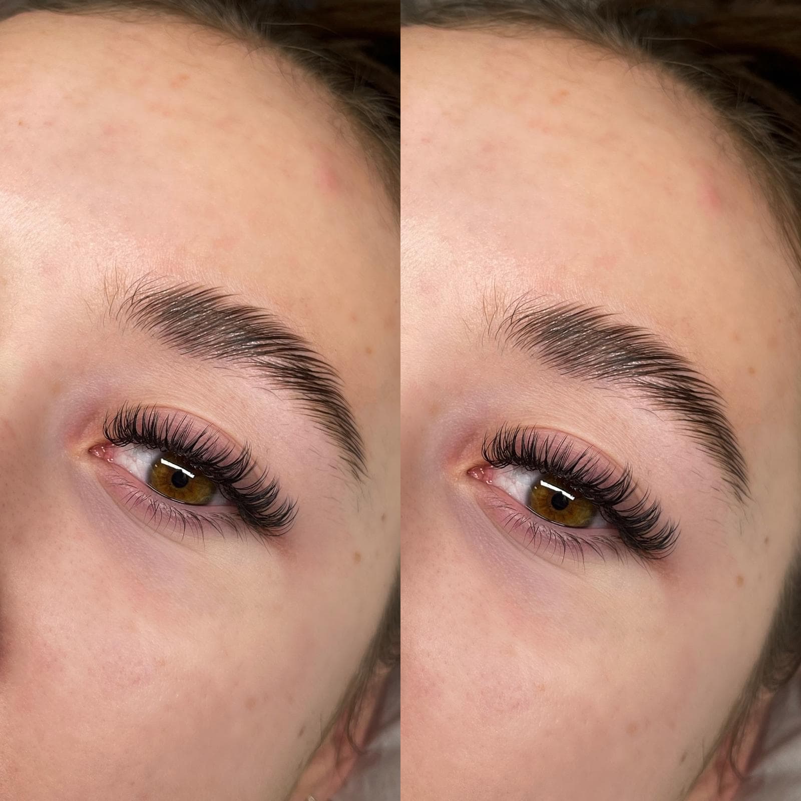 A finished set of eyelash extensions, shown from two angles