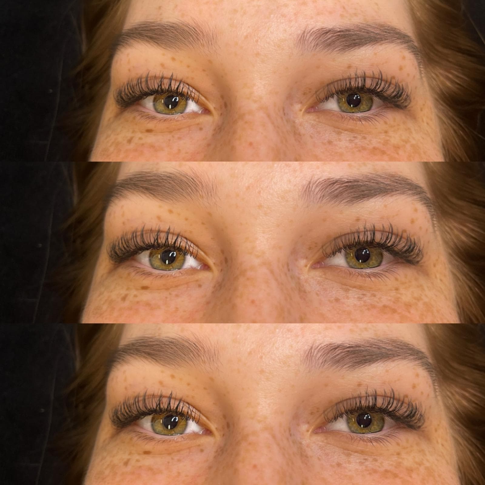 A Classic set of eyelash extensions, shown from three angles