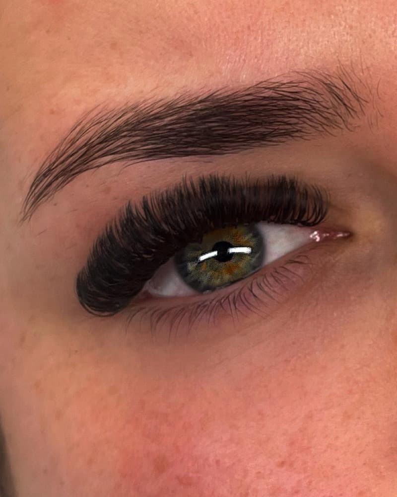 A Hybrid set of eyelash extensions, close up